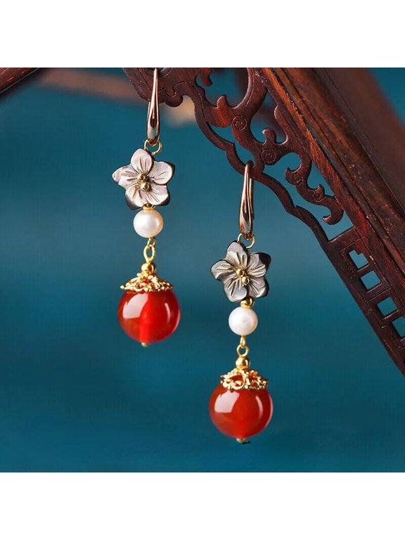 A Pair 1.97" Chinese Style Agate White Shell Beads Shellfish Earrings Ear Stud