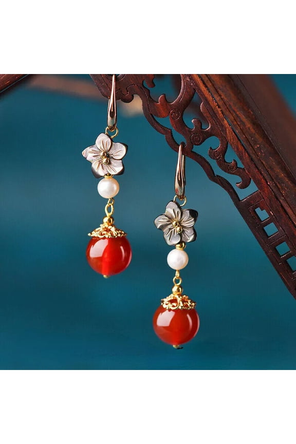 A Pair 1.97" Chinese Style Agate White Shell Beads Shellfish Earrings Ear Stud