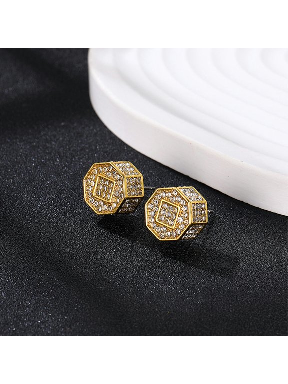 A Pair Men's Hiphop Diamond Stereoscopic Geometry Earrings Fashion Earrings-Gold