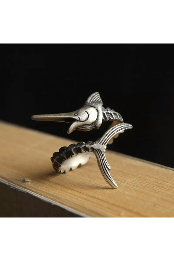 Adjustable 925 Sterling Silver Marlin Fish Fishbone Ring Punk Vintage Gothic
