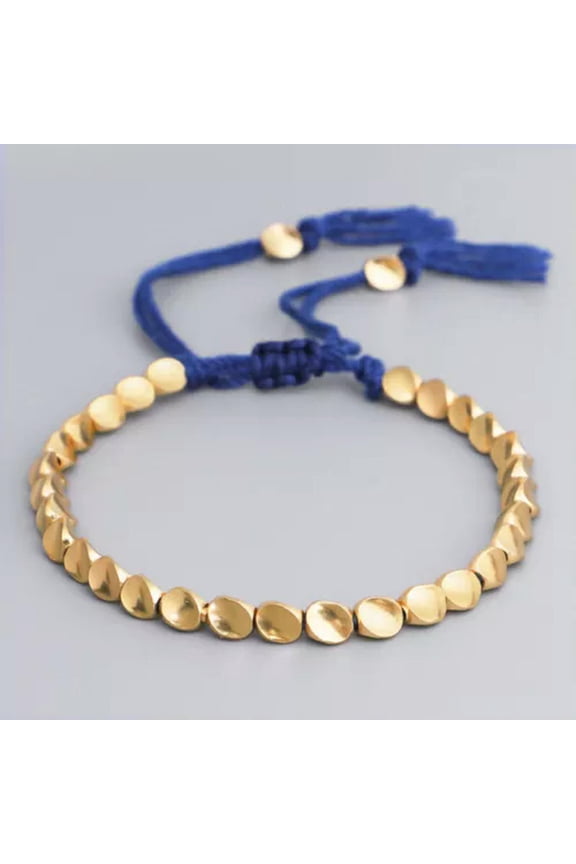 Adjustable Golden Copper Bracelet Irregular Beaded Bracelet Hand String Lanyard-Blue