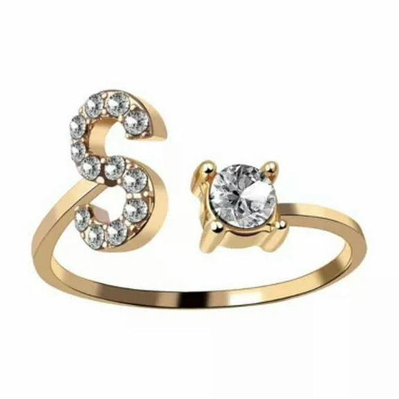 GKNET Adjustable Open Initial A-Z Letters Ring Fashion Zircon Ring Womens Delicate Jewelry Gift-Gold-S