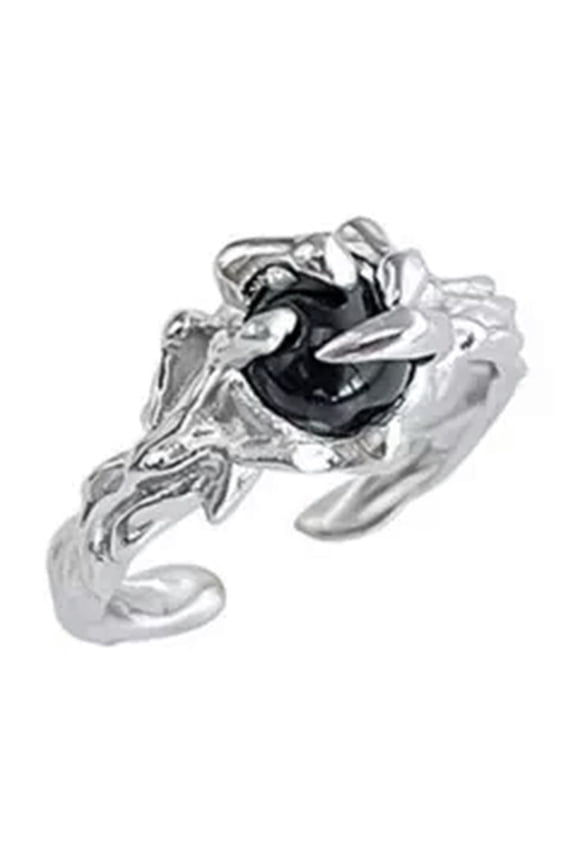 Adjustable Silver Opening Ring Irregular Black Gemstone Copper Punk Style Ring-Black A-Resizable