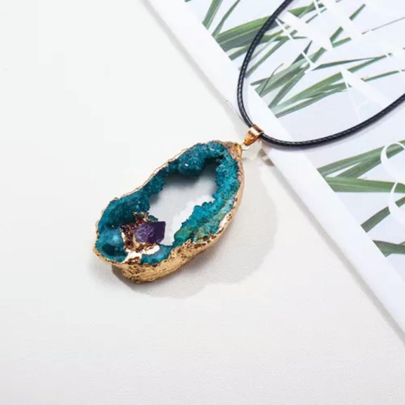 GKNET Agate Geode Druzy Pendant Gold Necklace Natural Healing Womens Delicate Jewelry -Blue