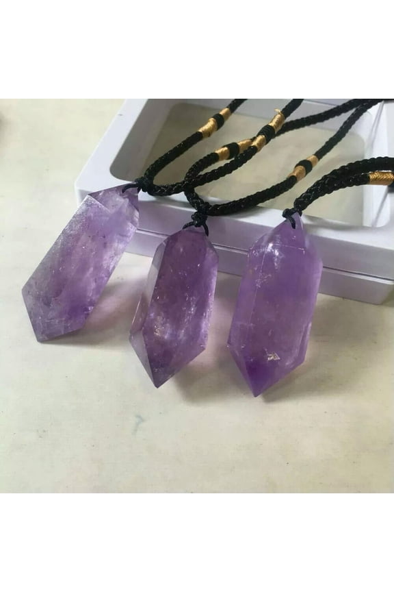 Amethyst Natural Gemstone Crystal Pendant Healing Stone Rope Chain Necklace Gift