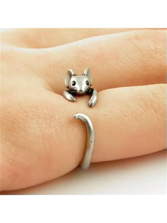 Antique Silver Color Mouse Open Ring for Women Creative Cute Little Animal-Resizable-Silver Color