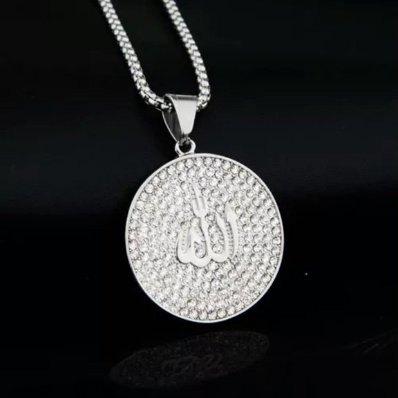 GKNET Ara Diamond Round Tag Pendant Hip Hop Versatile Stainless Steel Necklace Chain-Silver