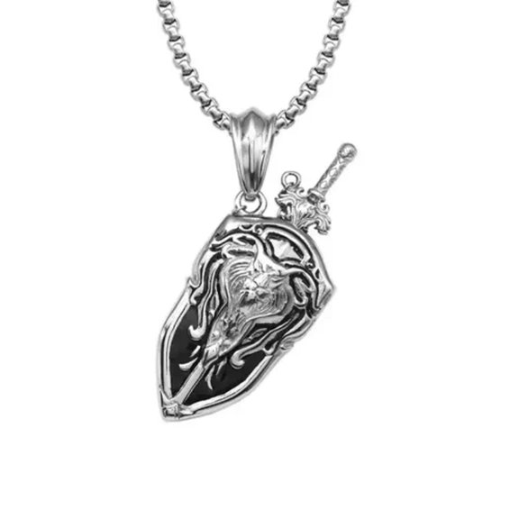 GKNET Beast Shield Sword Trend Hip Hop Punk Men's Stainless Steel Pendant Necklace-Silver/Black