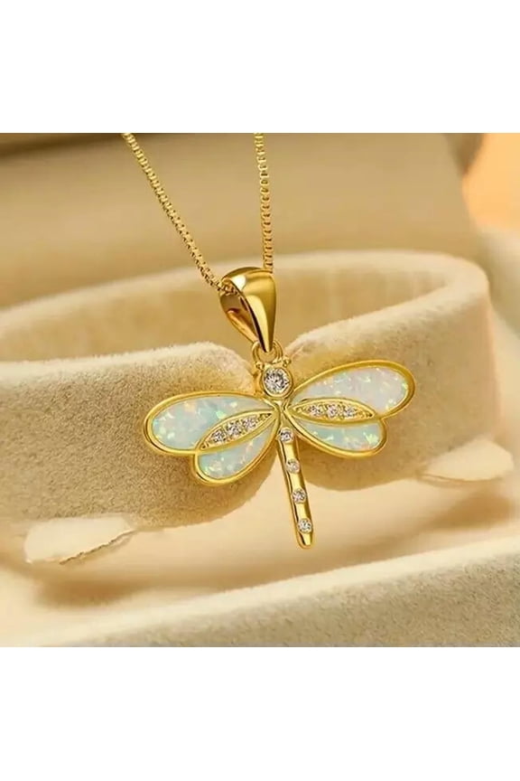 Beautiful White Opal Dragonfly Gold Pendant Necklace Great For Gift Giving