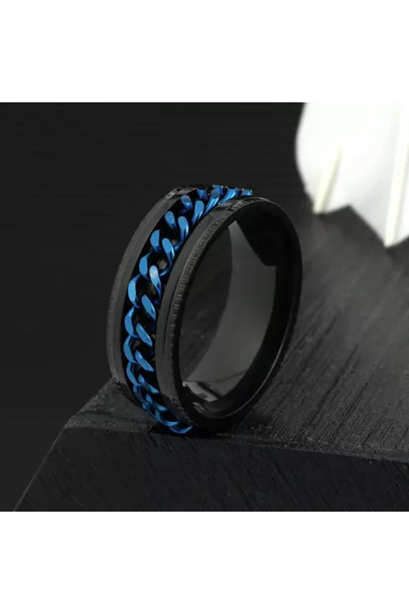 Black Blue Miami Cuban Link Band Ring Men's Punk Rock Delicate Jewelry Stainless Steel-7