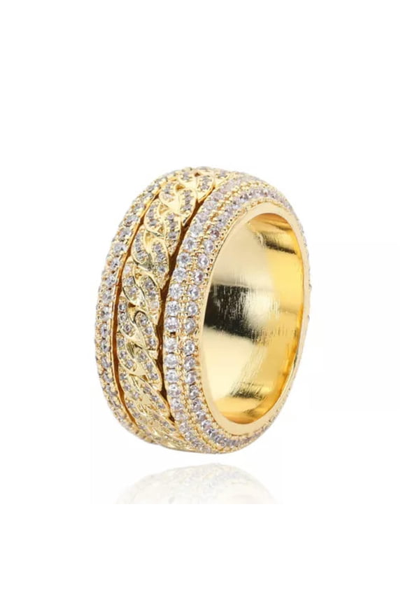 Bling Zircon Rotating Ring Rotatable Hip Hop Men's Cuban Circle Finger Jewelry-10-Gold