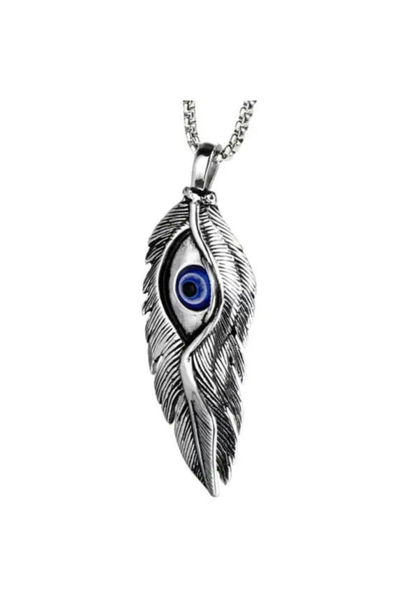 Blue Evil Eye Bird Feather Pendant Necklace for Men Women