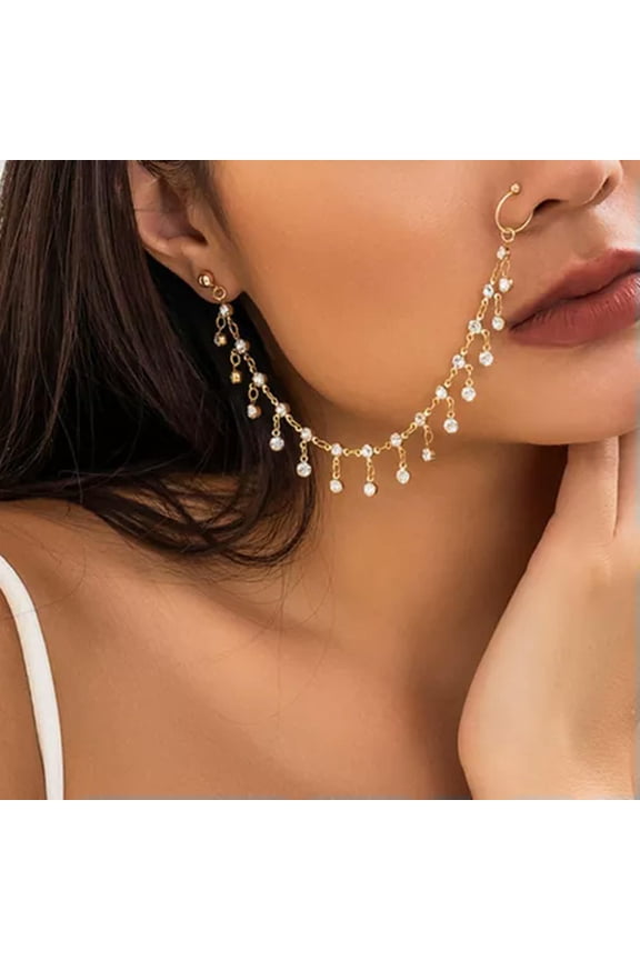 Bohemia Fake Nose Rings Chain Long Tassel Ear Clip Rhinestone Chain Pendants-Gold
