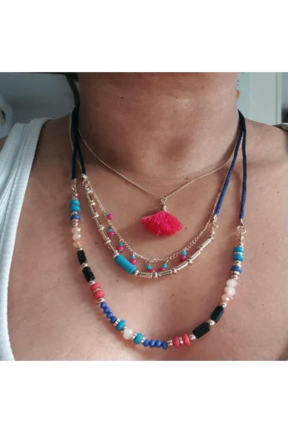 Bohemian Multi Layers Necklace Colorful Beads Tassel Ethnic Chain Choker Jewe_tu-Green-