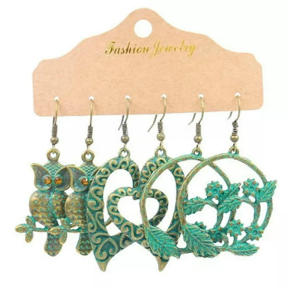 GKNET Boho 3Pairs Boho Gypsy Earrings Set Tribal Ethnic Hook Drop Dangle Women JEWELRY-Green-Owl