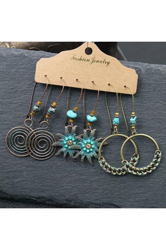 Boho 3Pairs Boho Gypsy Earrings Set Tribal Ethnic Hook Drop Dangle Women JEWELRY-Green-Sun