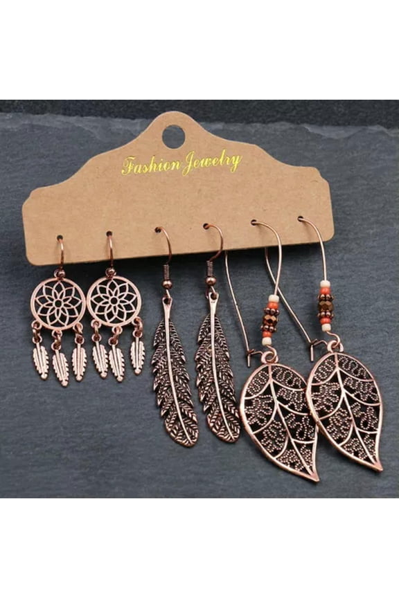 Boho 3Pairs Boho Gypsy Earrings Set Tribal Ethnic Hook Drop Dangle Women JEWELRY-Rose Gold-catcher