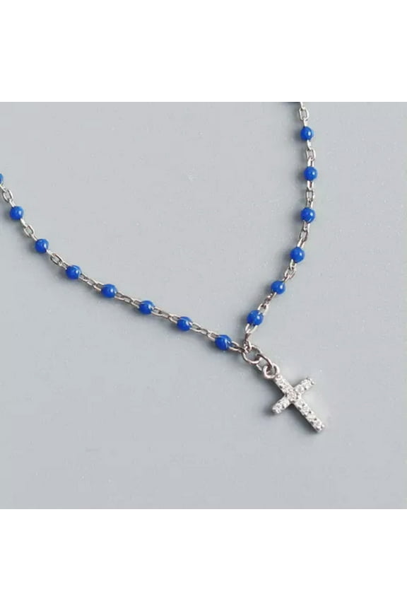 Boho 925 Sterling Silver Tiny Cross Cz Paved Pendant Necklace F0982-C - Silver with Deep Blue Beads