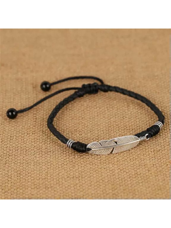 Boho Handmade Man Feather Leather Rope Anklets Barefoot Sandal Beach Delicate Jewelry -Black
