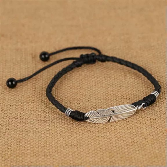 GKNET Boho Handmade Man Feather Leather Rope Anklets Barefoot Sandal Beach Delicate Jewelry -Black