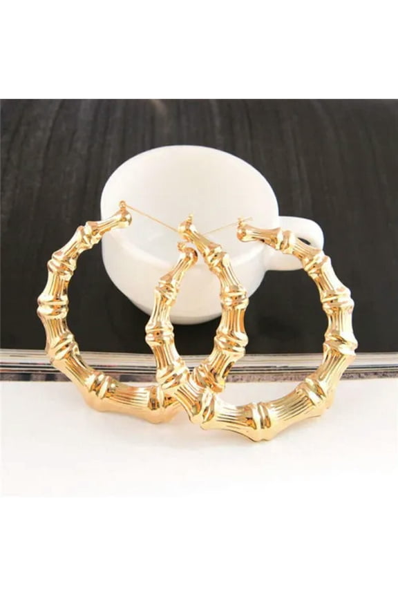 Boho Large Bamboo Joint Hoop Earrings Hip-Hop Gold Tone Ladies Big Circle Hoops-Circle