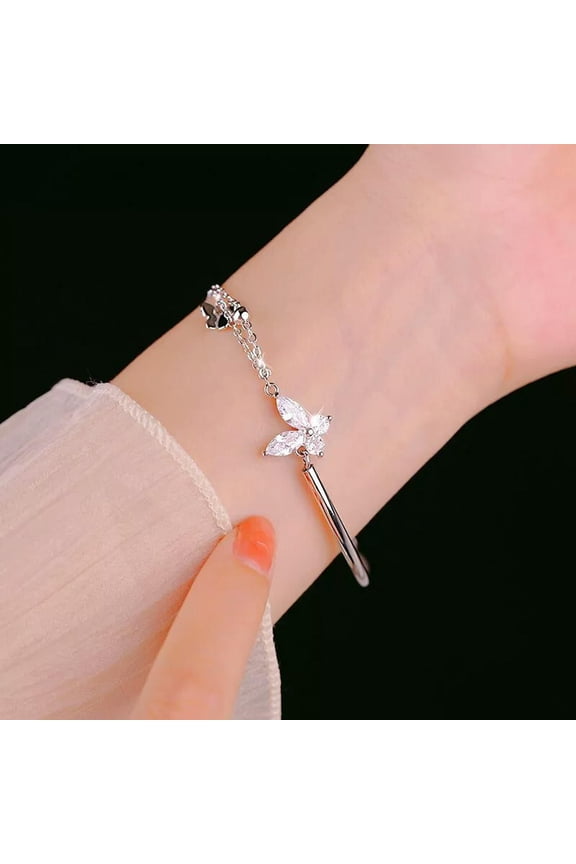 Butterfly Zircon Silver Color Bangle Light Luxury Double layer Chain Bracele WY4