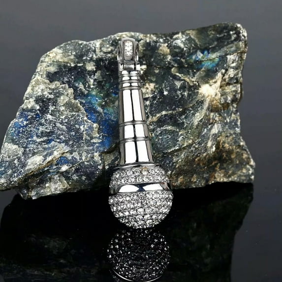 GKNET CZ Silver Microphone Pendant Necklace Music Lover Delicate Jewelry Chain 24" Gift For Him