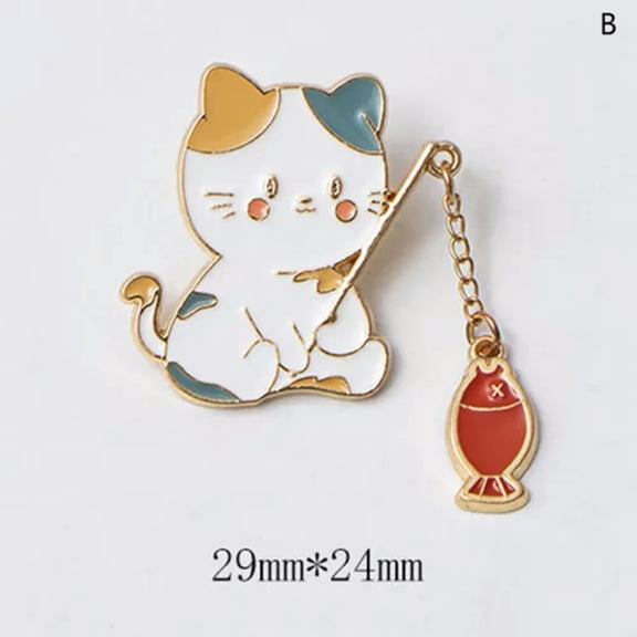 GKNET Cartoon Cat Brooch Pins Cat Fishing With Chain DIY Button Pin Denim Jacket Pin-B