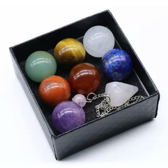 GKNET Chakela Seven Chakra Natural Energy Stone 20mm Ball Boxed Healing Crystal Stone-Set 2 (ball + Pendulum + box)