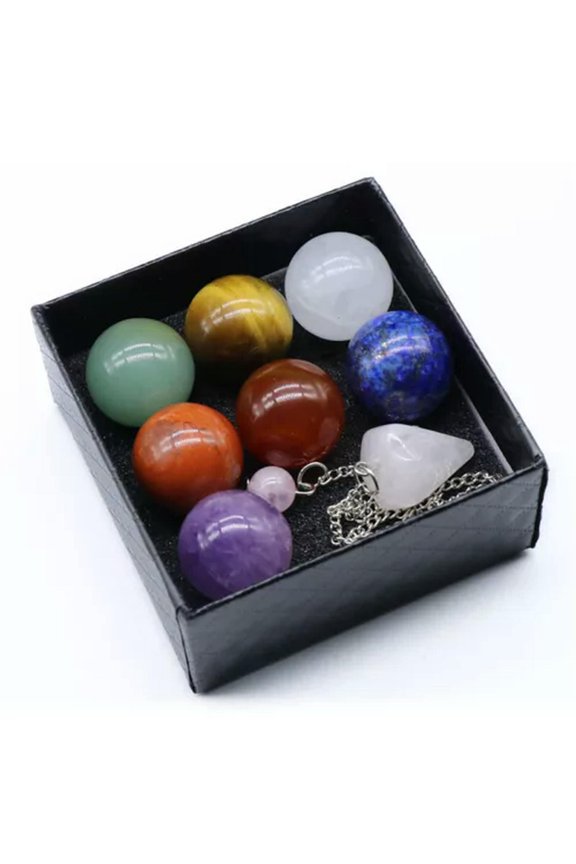 Chakela Seven Chakra Natural Energy Stone 20mm Ball Boxed Healing Crystal Stone-Set 2 (ball + Pendulum + box)