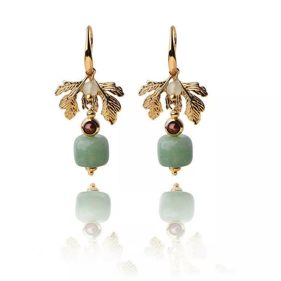 GKNET China Aventurine Jade Gold Plating Phoenix Tree Leaf Earrings Ear Stud Pair