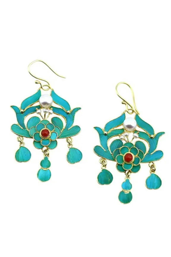 Chinese Antique Long Tassels Gilt Pearls Earrings Cloisonne Hook Earrings