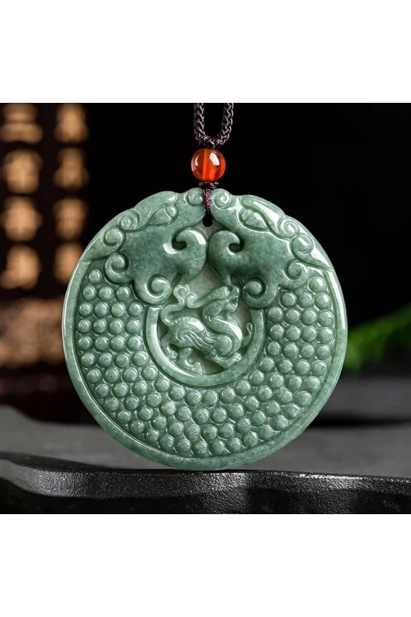 Chinese Natural Emerald Bean Green Double Dragon Ping An Plaque Pendant Necklace