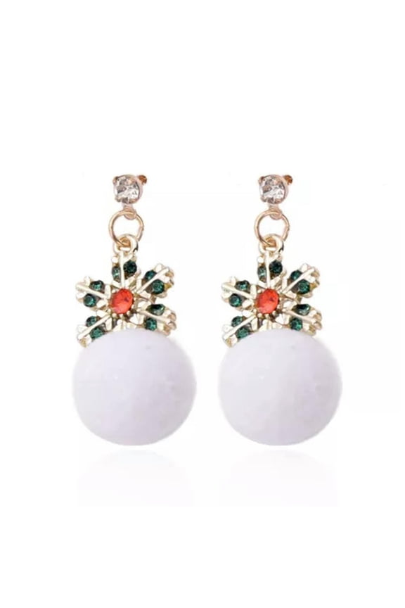 Christmas Earrings Cute Tree Bell Snowflake Pin/Ear Cuff Stud Earring Xmas Decor-Snowflake white hair ball
