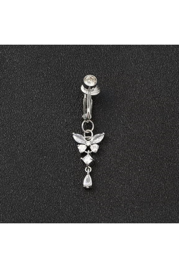 Clip On Belly Button Ring Butterfly Shape Fake Belly Navel Piercing Body Jewelry-Silver
