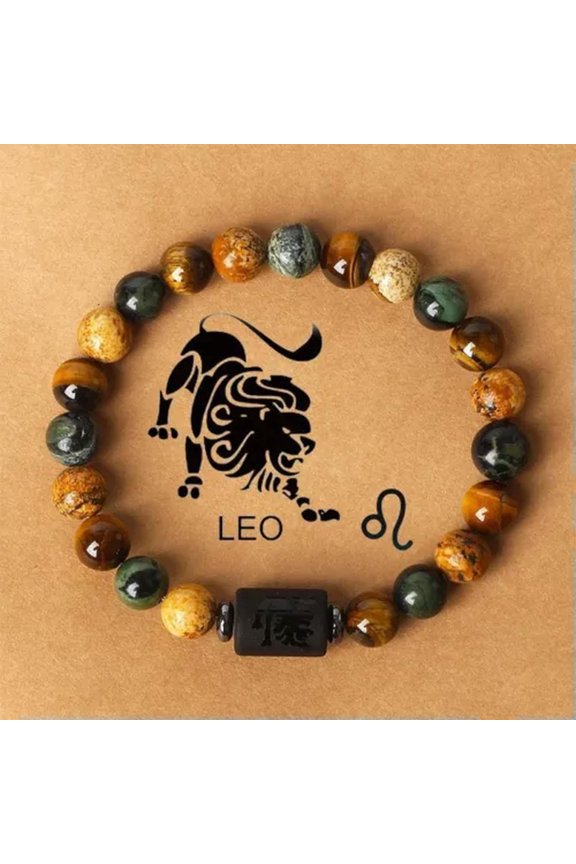 Coffee 12 Constellations Zodiac Natural Stone Beaded Bracelet Elastic Birth Gift-Leo