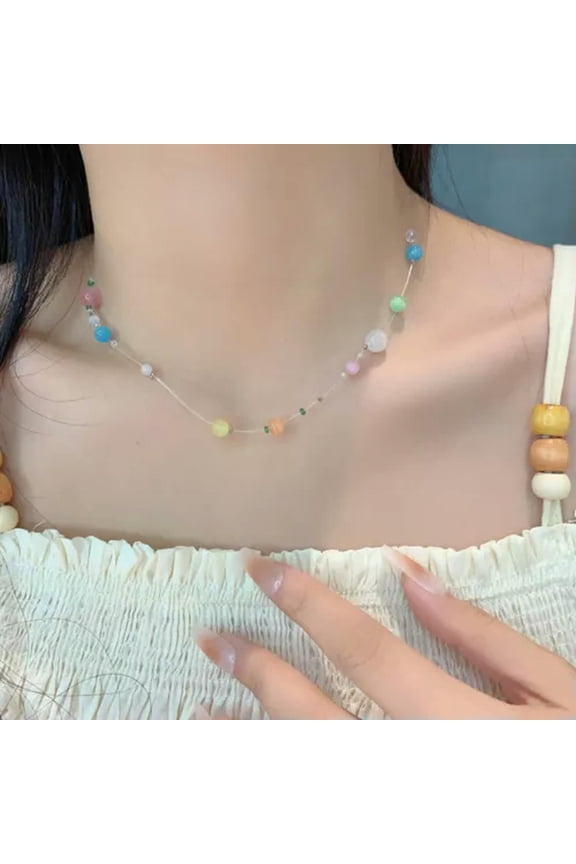 Colorful Cat's Eye Stone Fish Line Beaded Necklace Sweet Fashion Women Jewelry-Multi