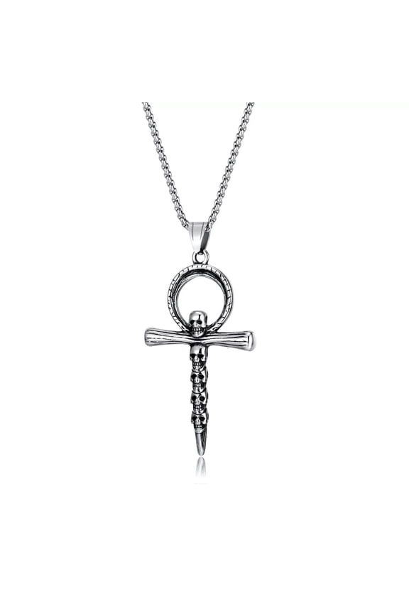 Cool Mens Stainless Steel Biker Punk Skull Bullet Cross Pendant Necklace-default
