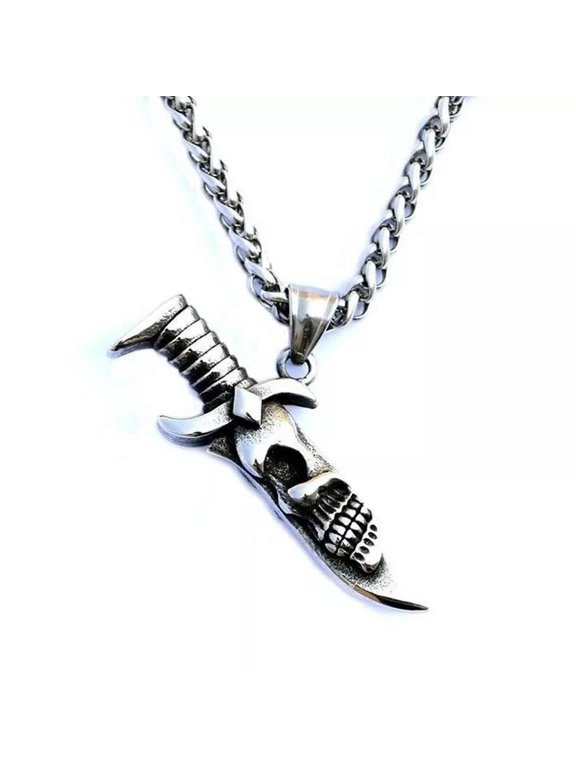 Cool Mens Stainless Steel Tone Mini Dagger Skull Knife Pendant Necklace-default