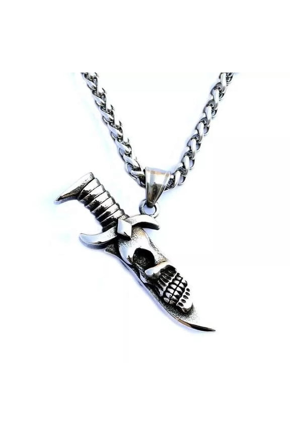 Cool Mens Stainless Steel Tone Mini Dagger Skull Knife Pendant Necklace-default