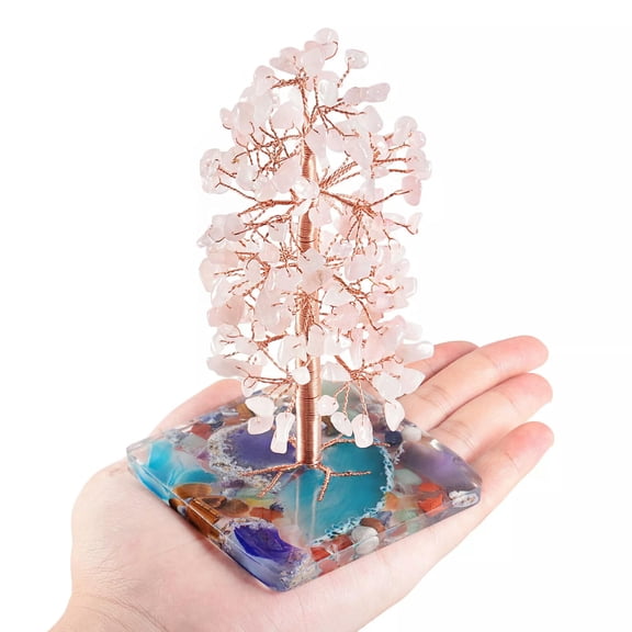 GKNET Copper Wire Tree Pink Quartz Crystals Gemstones Beads Pyramid Base Home Decor