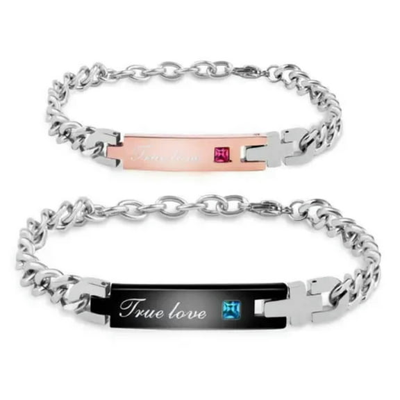 GKNET Creative and Personalized Simple Blue Zircon Stainless Steel Couple Bracelets -Black