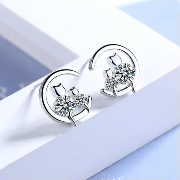 GKNET Crystal Cat kitty Moon Stud 925 Silver Stud Earrings Women Delicate Jewelry Gift-Silver