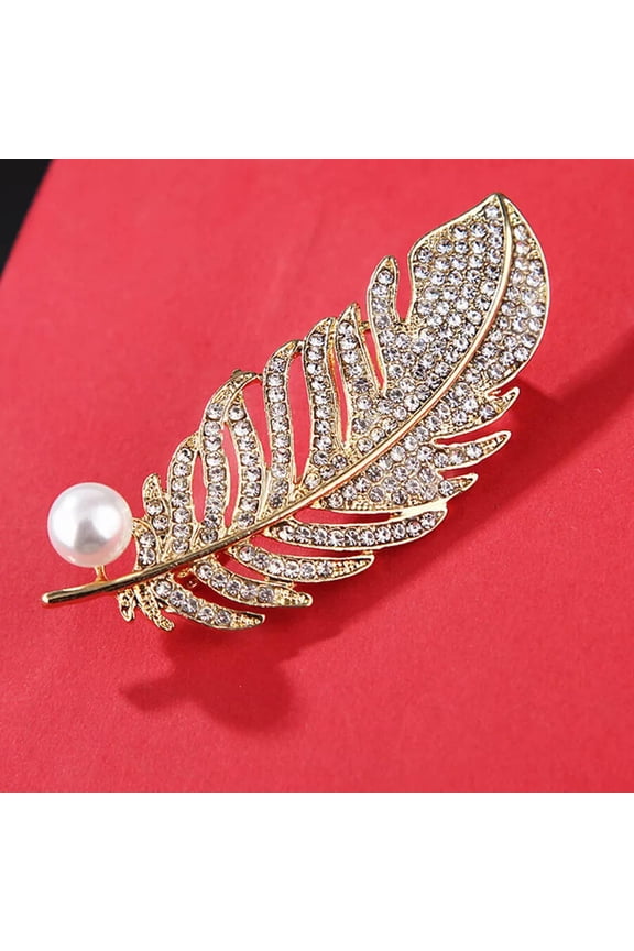 Crystal Feather Leaf Shaped Brooch Pearl Pin Badge Bag Decor Wedding Jewel X WY4