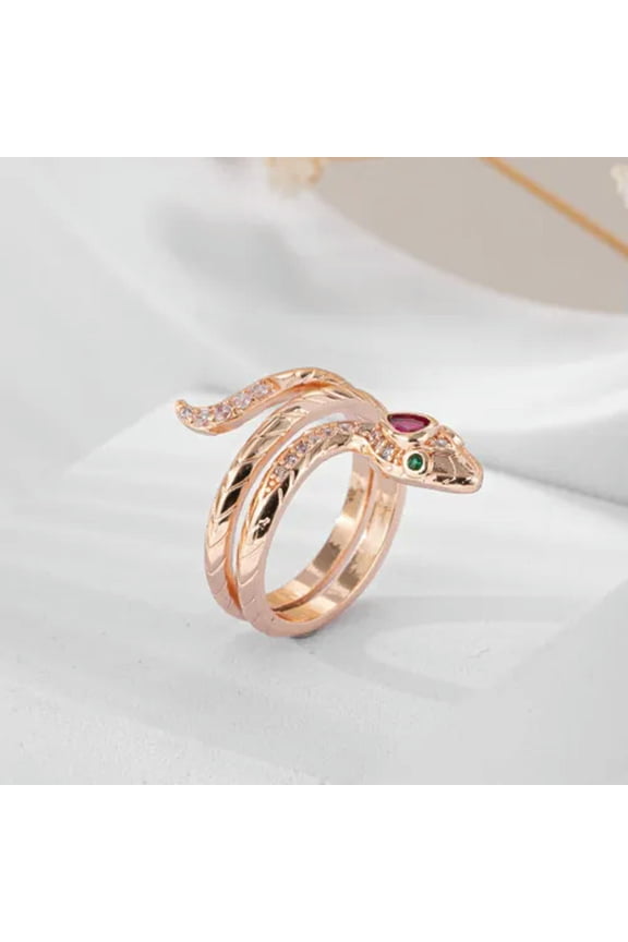 Crystal Snake Shape 18K Rose Gold Plated Rings Women Fashion Rings Size 6-10-9#