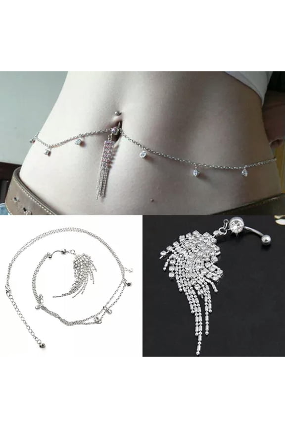 Crystal Tassel Navel Belly Button Ring With Waist Chain Body Piercing-Navel Ring