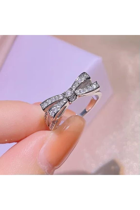 Crystal Zircon Bow 925 Sterling Silver Ring Women Fashion Delicate Jewelry Size 6-10-7