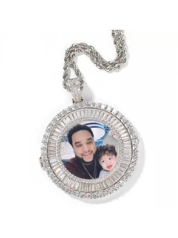 Customize Round Memorial Photo Pendant Necklace with Full White Cubic Zirconia-Silver