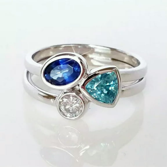 GKNET Cute 925 Silver Wedding Rings Women Aquamarine & Sapphire Ring Size 6-10-8