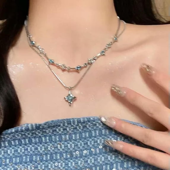 GKNET Double Layer Blue Four-pointed Star Zircon Necklace Light Luxury Clavicle Ch WY4-1